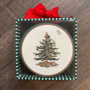 Spode Festive Tree Paper Coasters with Red and Green Trim and Presents Approx 4”